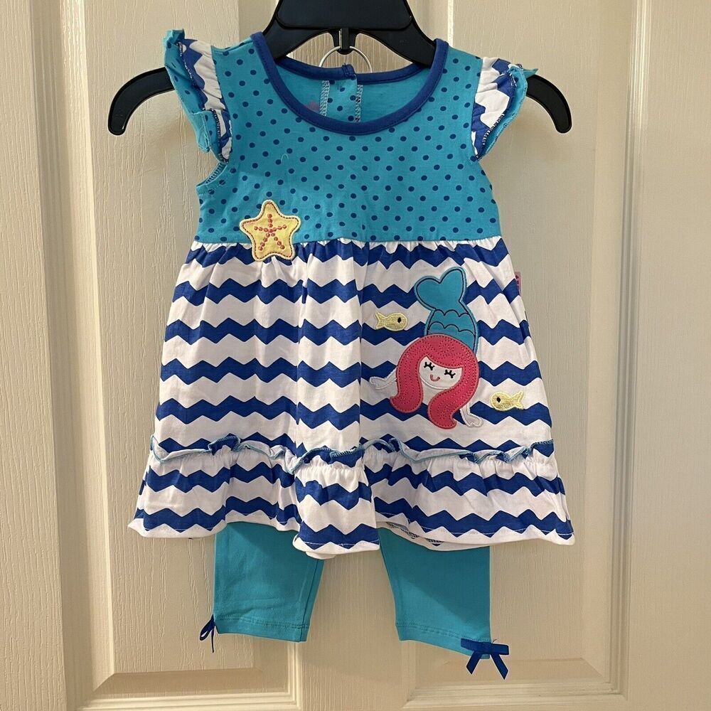 Nannette Applique Blue Mermaid Tunic and Leggings 2-PC Set Girls Size 3T NWT